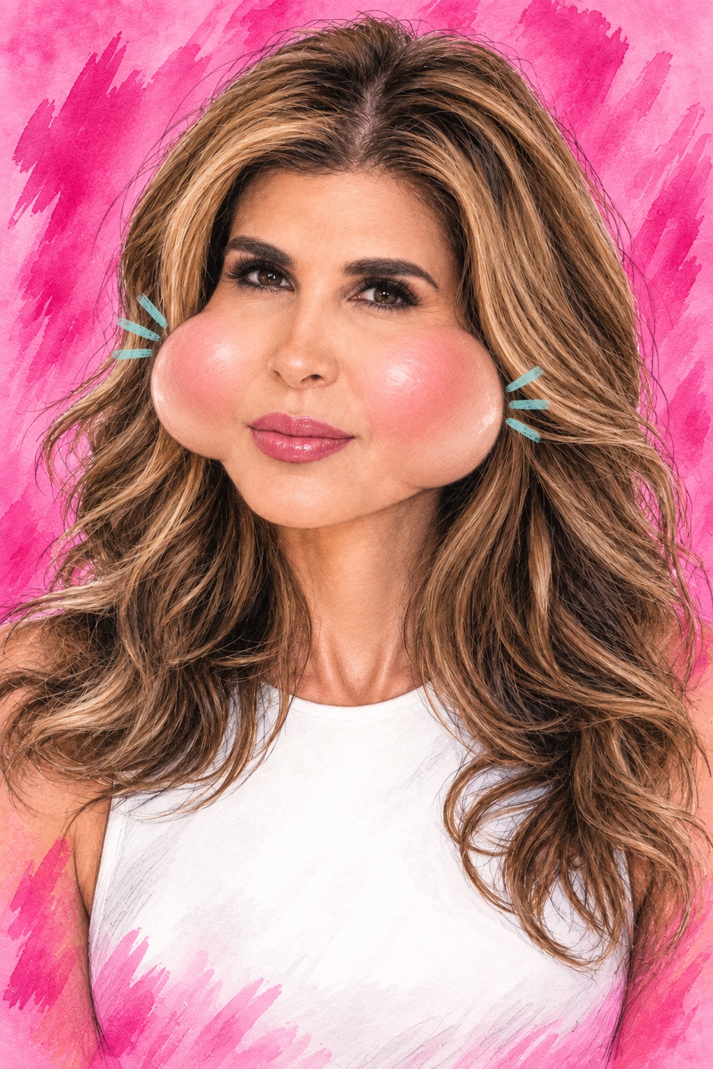Hand-drawn editorial caricature of Melanie Petro with dramatically overfilled glossy cheeks on a hot-pink background