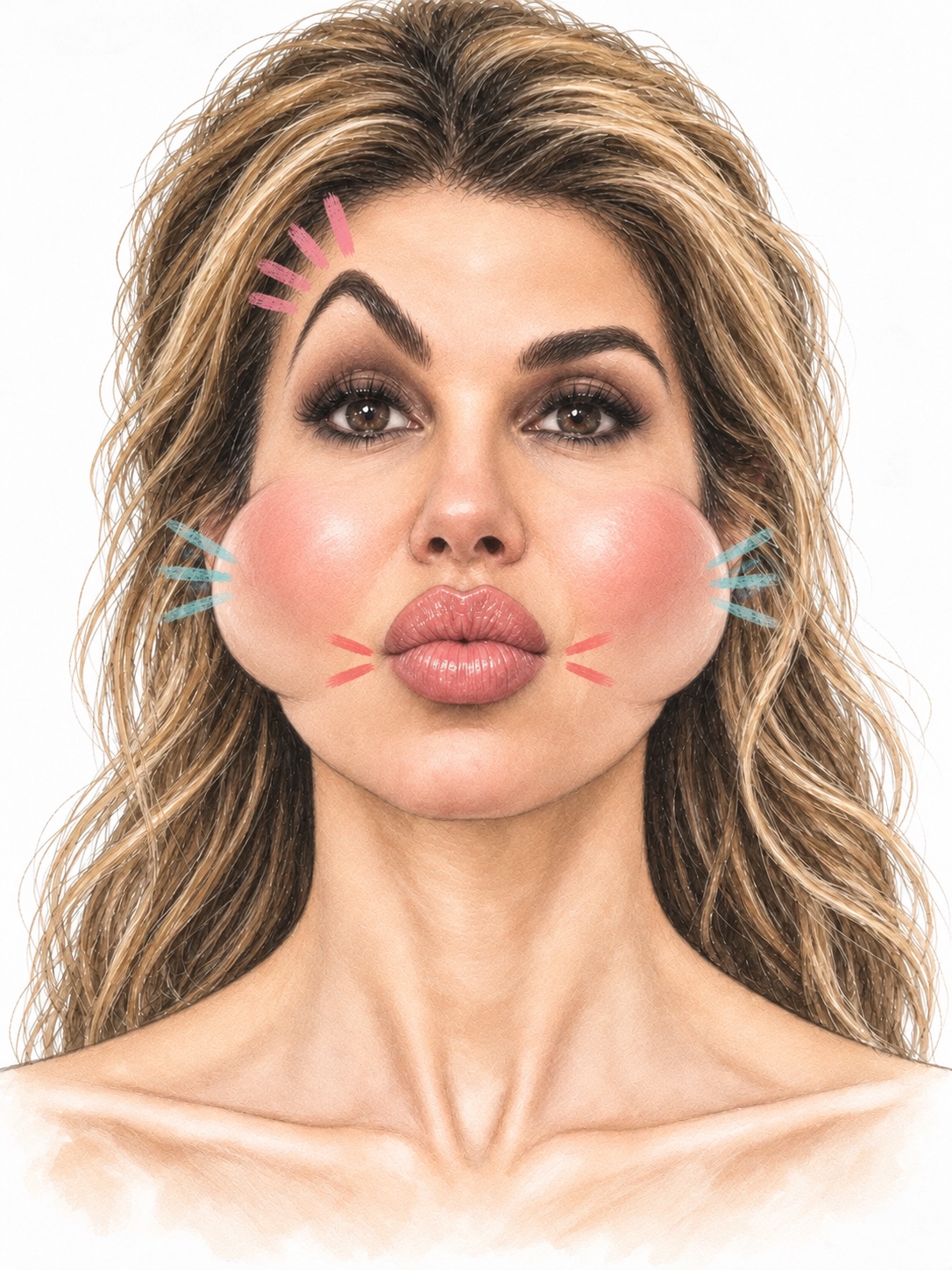 Playful editorial portrait of Dr. Melanie Petro illustrating the fear of an over-arched brow, overfilled lips and puffy cheeks